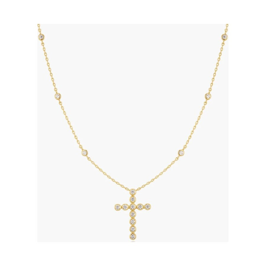 Gold Bezel-Set Station Necklace with Cross Pendant