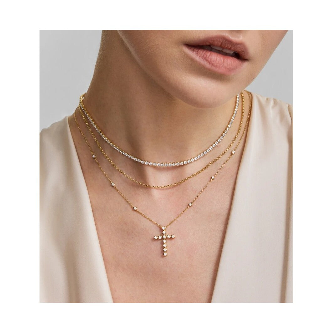 Gold Bezel-Set Station Necklace with Cross Pendant