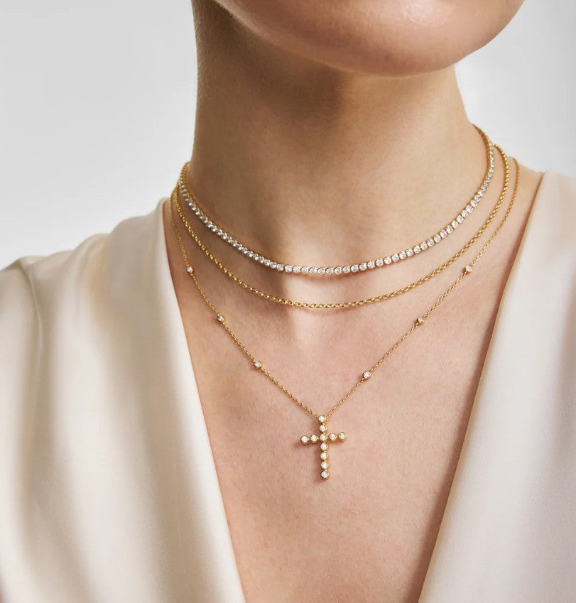 Gold Bezel-Set Station Necklace with Cross Pendant