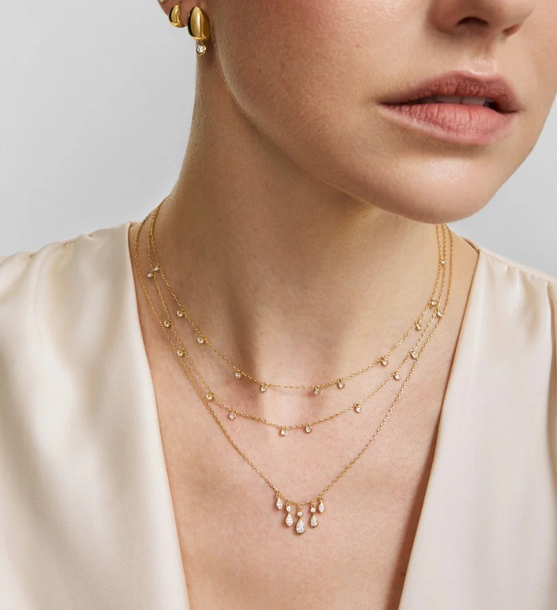 Gold Bezel-Set Teardrop Cascade Necklace