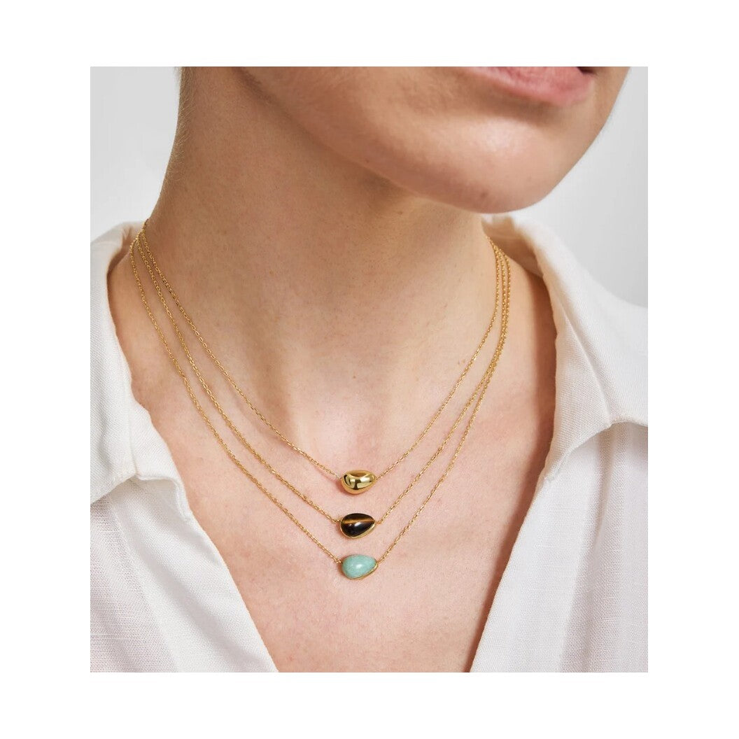 Gold Bezel Amazonite Organic Dome Pebble Necklace