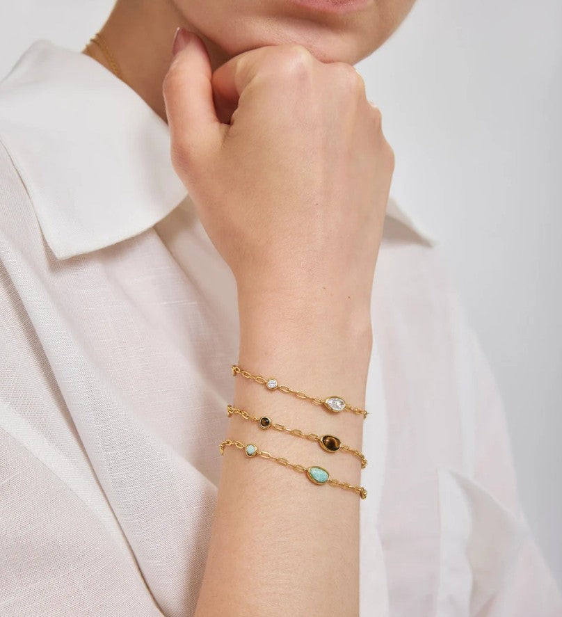 Gold Bezel Amazonite Organic Dome Pebble Station Bracelet