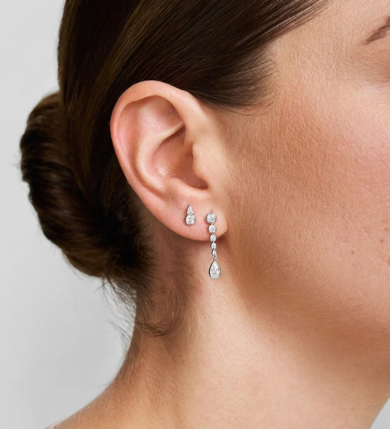 Silver Graduated Bezel Round & Teardrop Dangle Stud Earrings
