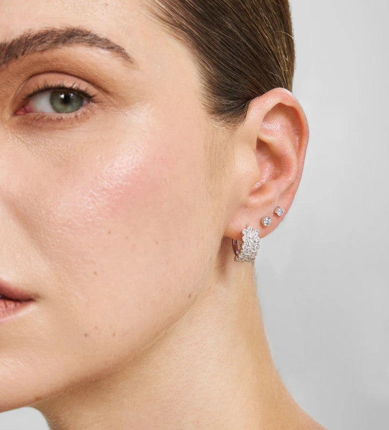 Silver Triple Row Bezel Huggie Hoop Earrings