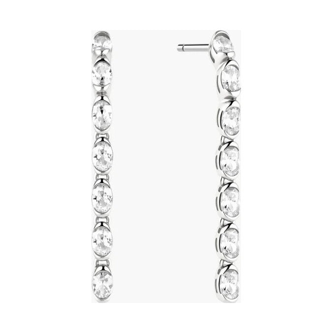 Silver Half-Bezel Oval Linear Dangle Stud Earrings