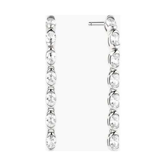 Silver Half-Bezel Oval Linear Dangle Stud Earrings