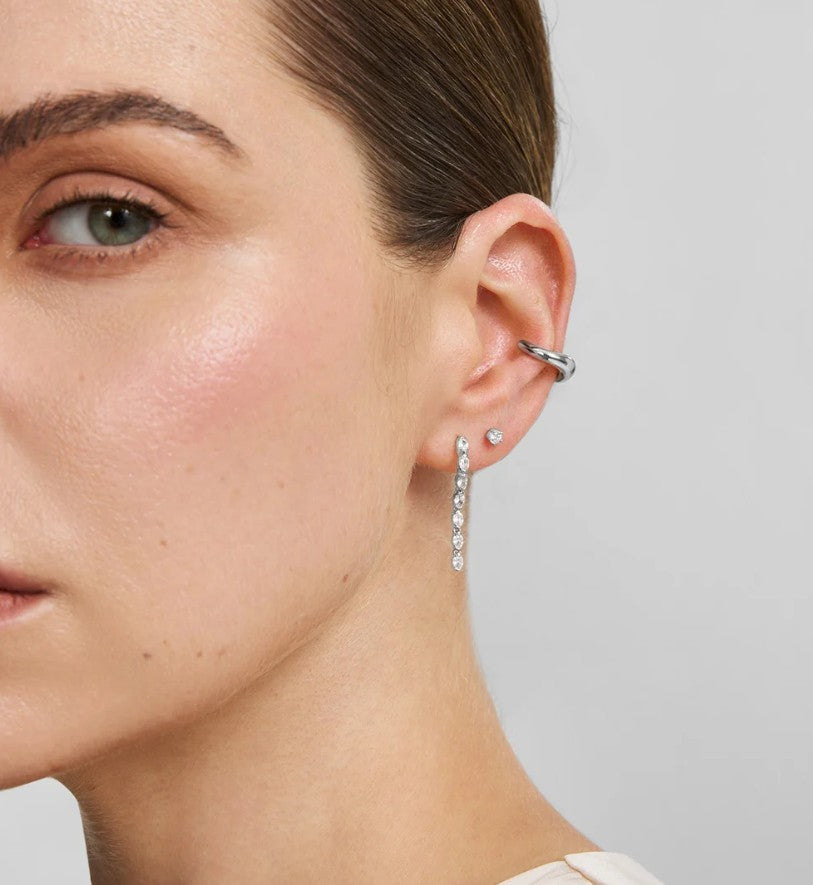Silver Half-Bezel Oval Linear Dangle Stud Earrings