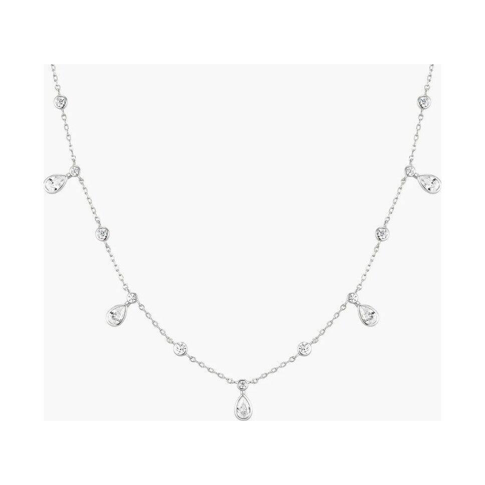Silver Bezel Round & Teardrop Drop Station Necklace