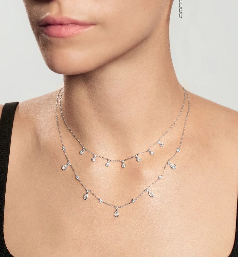Silver Bezel Round & Teardrop Drop Station Necklace