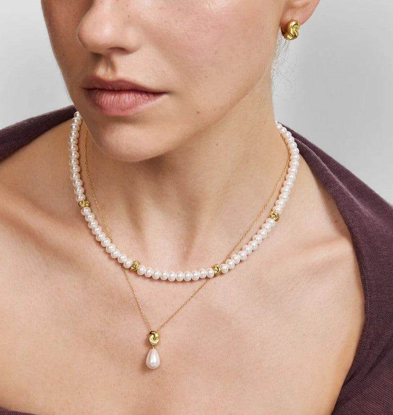 Gold Glass Pearl Beaded Twist Station Necklace