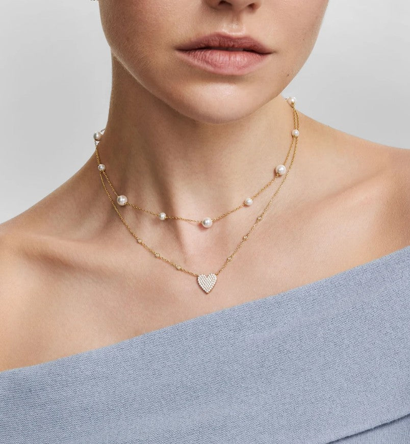 Gold Pavé Heart with Bezel Station Necklace