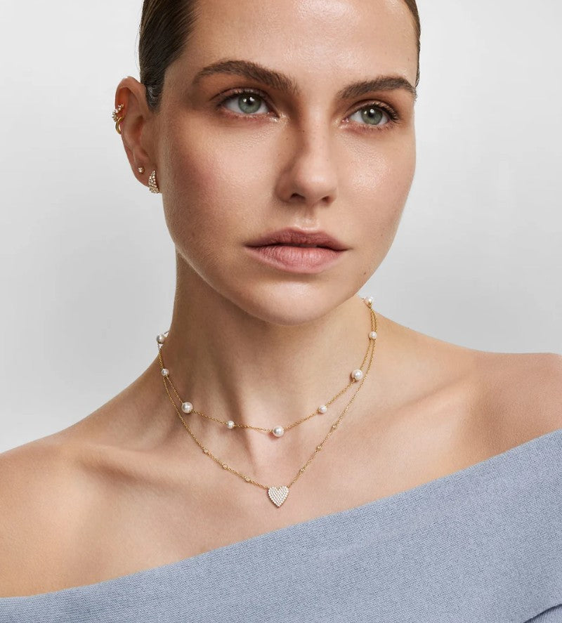 Gold Pavé Heart with Bezel Station Necklace