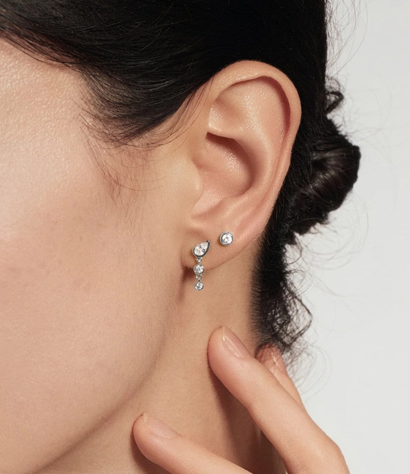Silver Teardrop & Bezel Round Dangle Stud Earrings