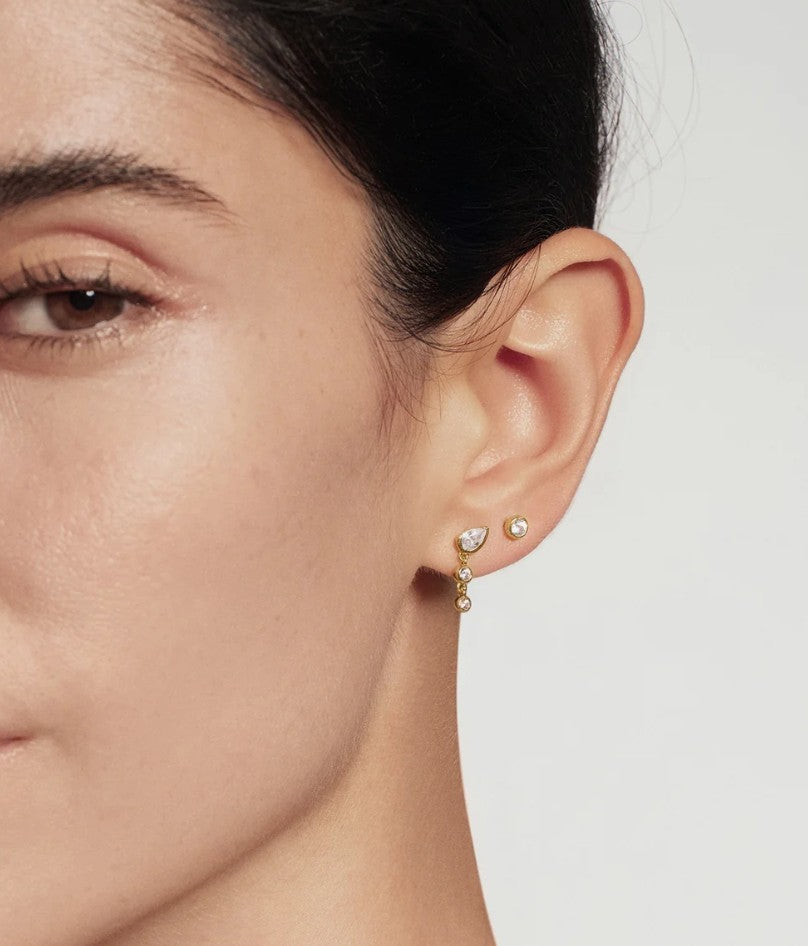 Gold Teardrop & Bezel Round Dangle Stud Earrings