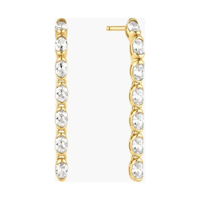Gold Half-Bezel Oval Linear Dangle Stud Earrings