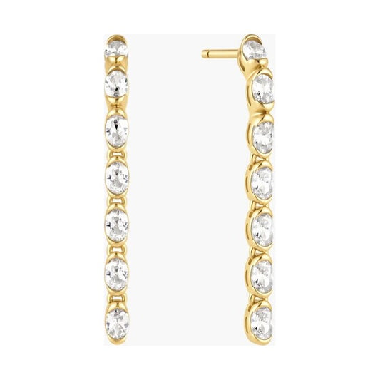Gold Half-Bezel Oval Linear Dangle Stud Earrings