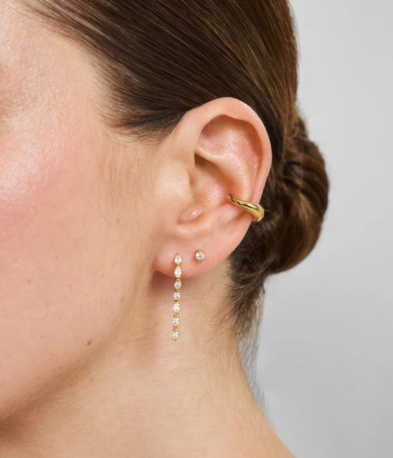 Gold Half-Bezel Oval Linear Dangle Stud Earrings