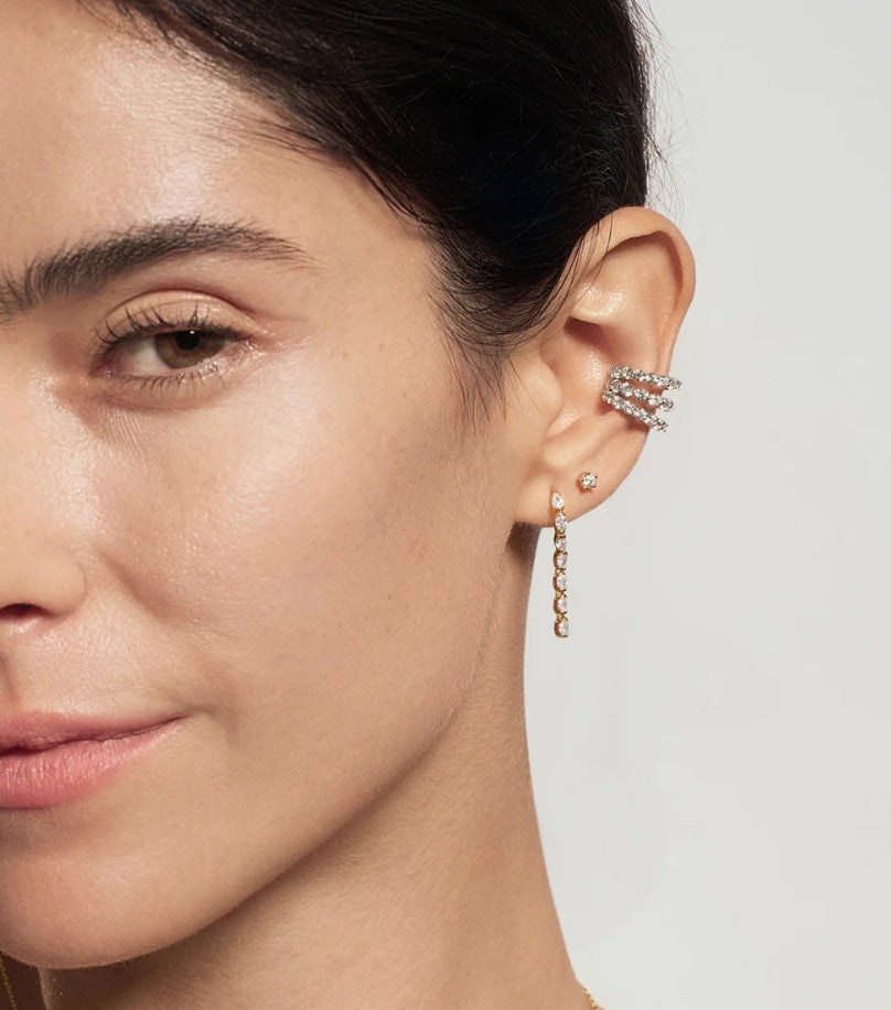 Gold Half-Bezel Oval Linear Dangle Stud Earrings