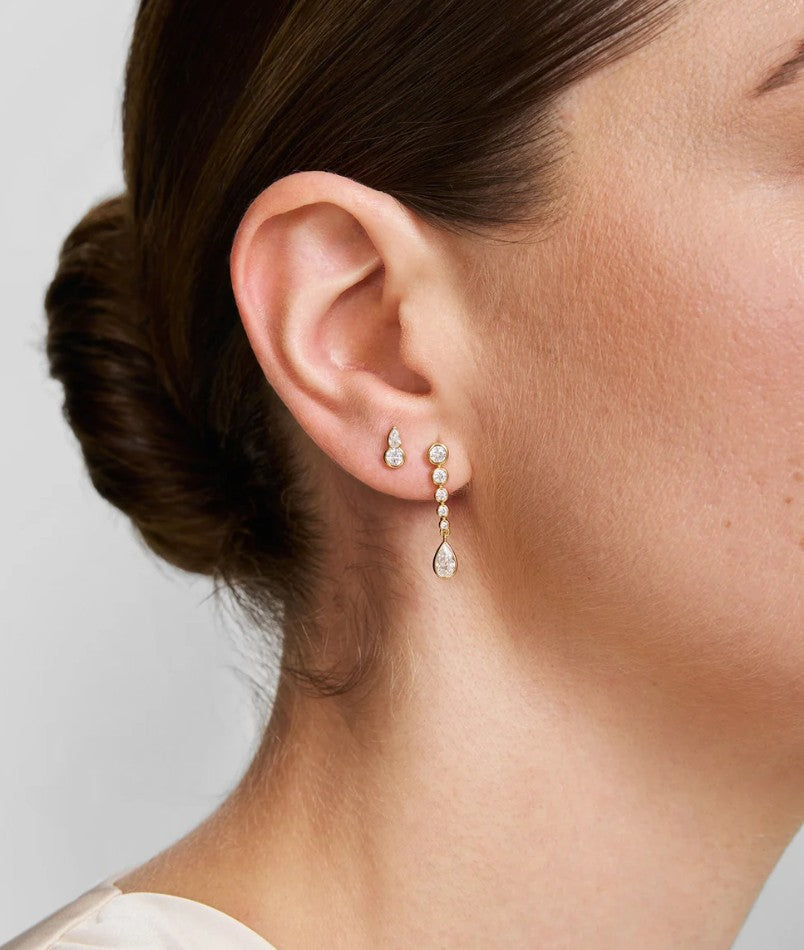 Gold Graduated Bezel Round & Teardrop Dangle Stud Earrings
