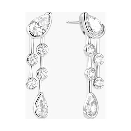 Silver Half-Bezel Teardrop Dual Drop Stud Earrings