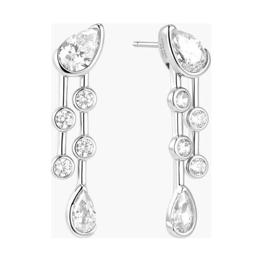 Silver Half-Bezel Teardrop Dual Drop Stud Earrings