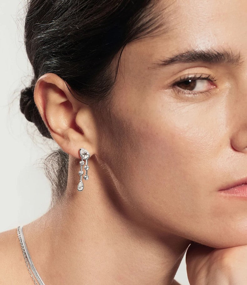 Silver Half-Bezel Teardrop Dual Drop Stud Earrings
