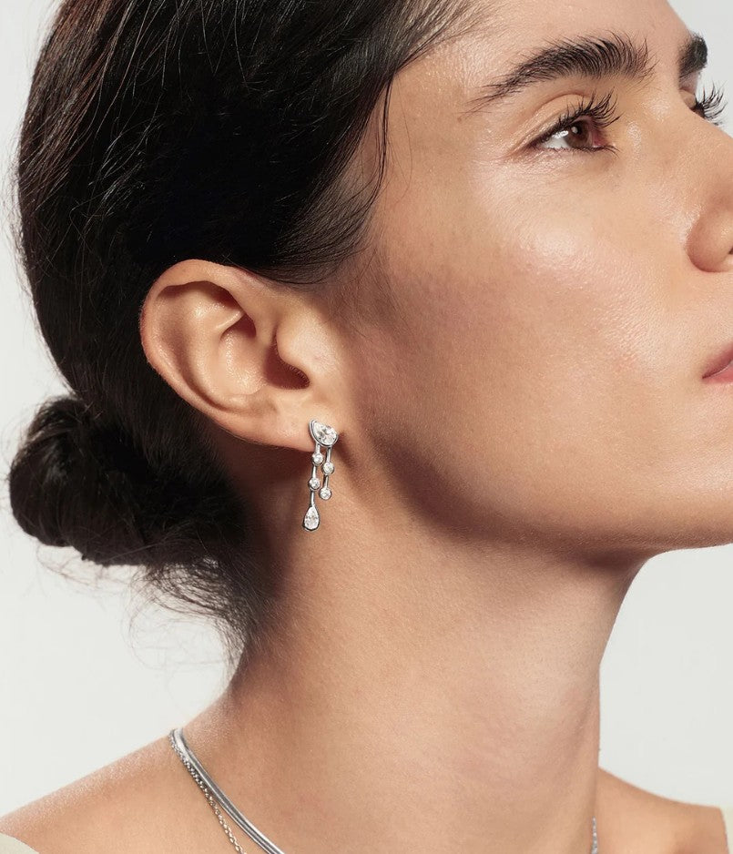 Silver Half-Bezel Teardrop Dual Drop Stud Earrings