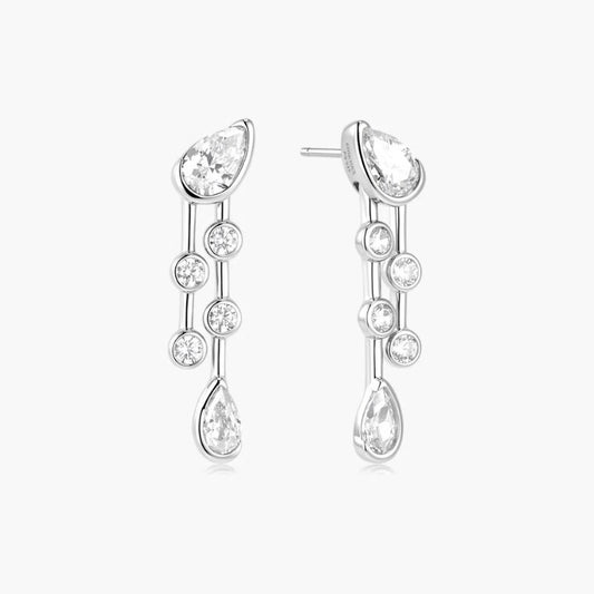 Silver Half-Bezel Teardrop Dual Drop Stud Earrings