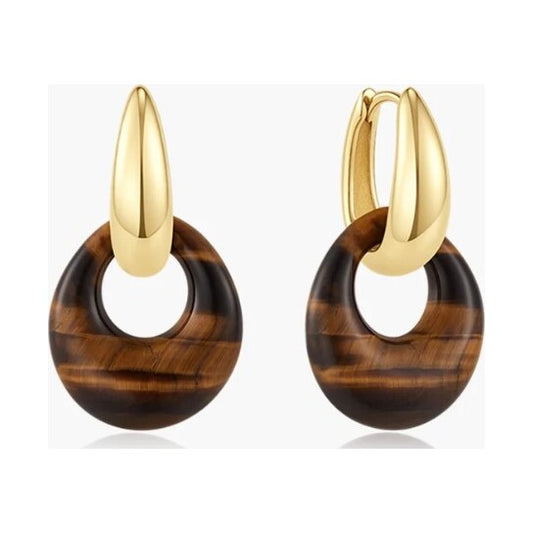 Gold Hollow Tiger’s Eye Organic Pebble Drop Earrings