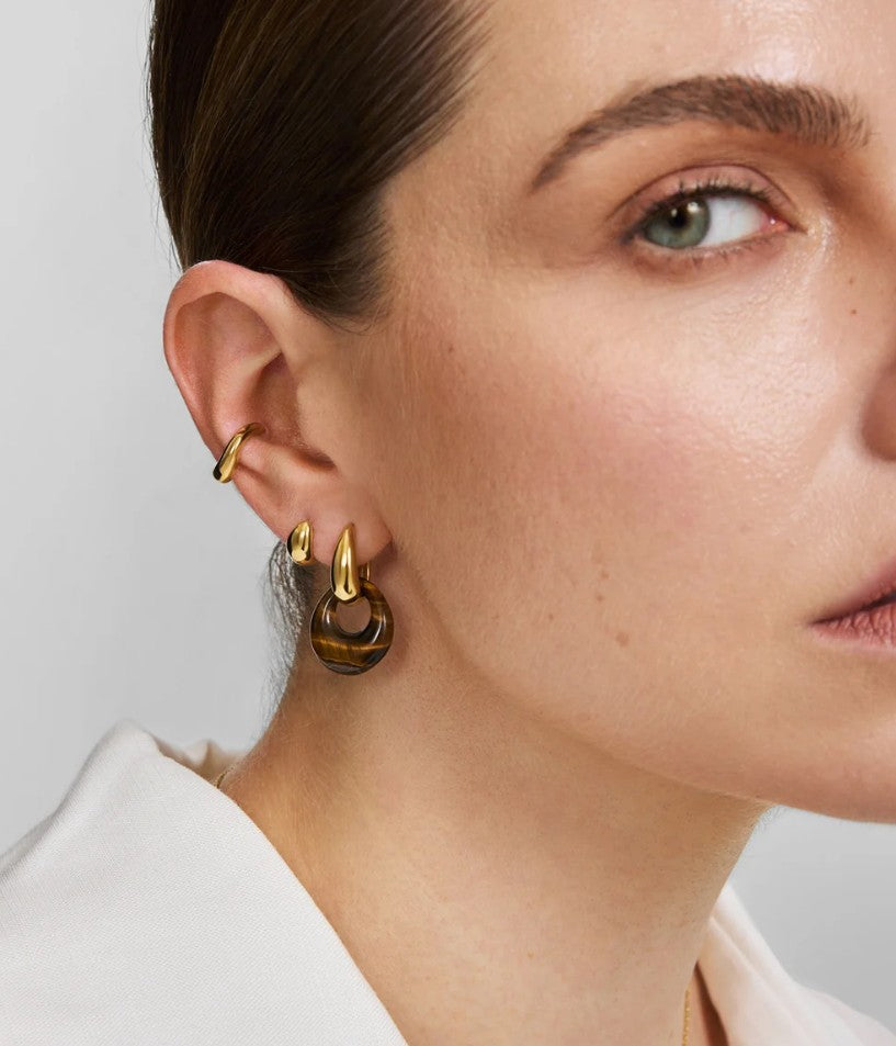 Gold Hollow Tiger’s Eye Organic Pebble Drop Earrings