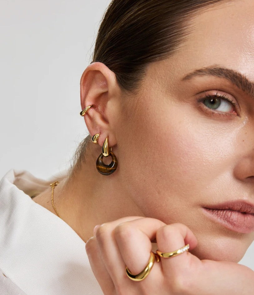 Gold Hollow Tiger’s Eye Organic Pebble Drop Earrings