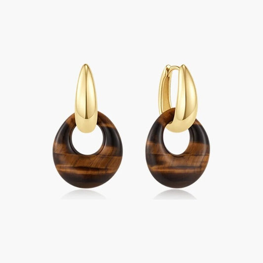 Gold Hollow Tiger’s Eye Organic Pebble Drop Earrings