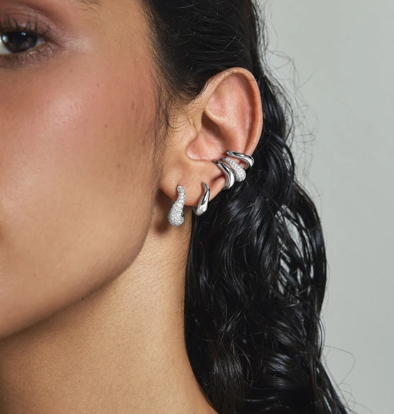 Silver Wave Huggie Hoop Earrings