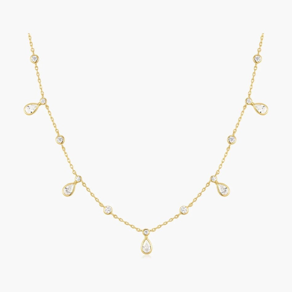 Gold Bezel Round & Teardrop Drop Station Necklace