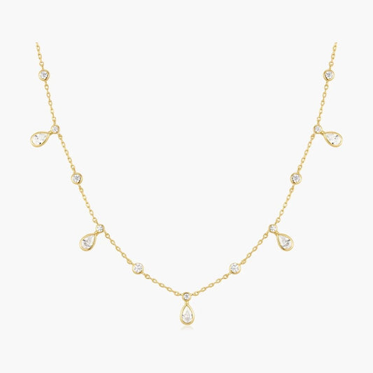 Gold Bezel Round & Teardrop Drop Station Necklace