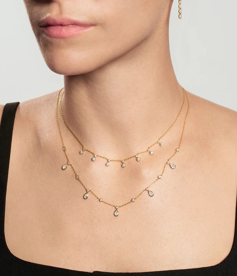 Gold Bezel Round & Teardrop Drop Station Necklace