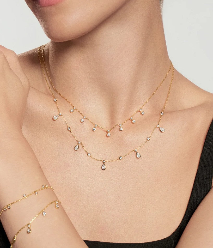 Gold Bezel Round & Teardrop Drop Station Necklace