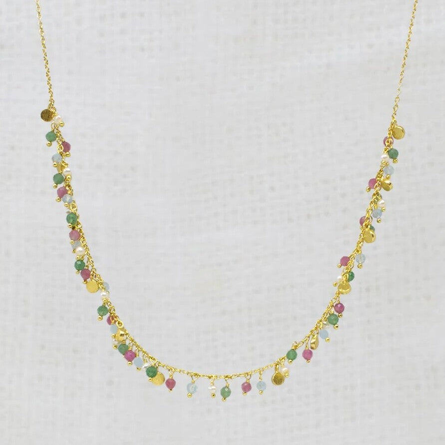 Aventurine, Tourmaline, Aqua and Pearl Gemstone Necklace