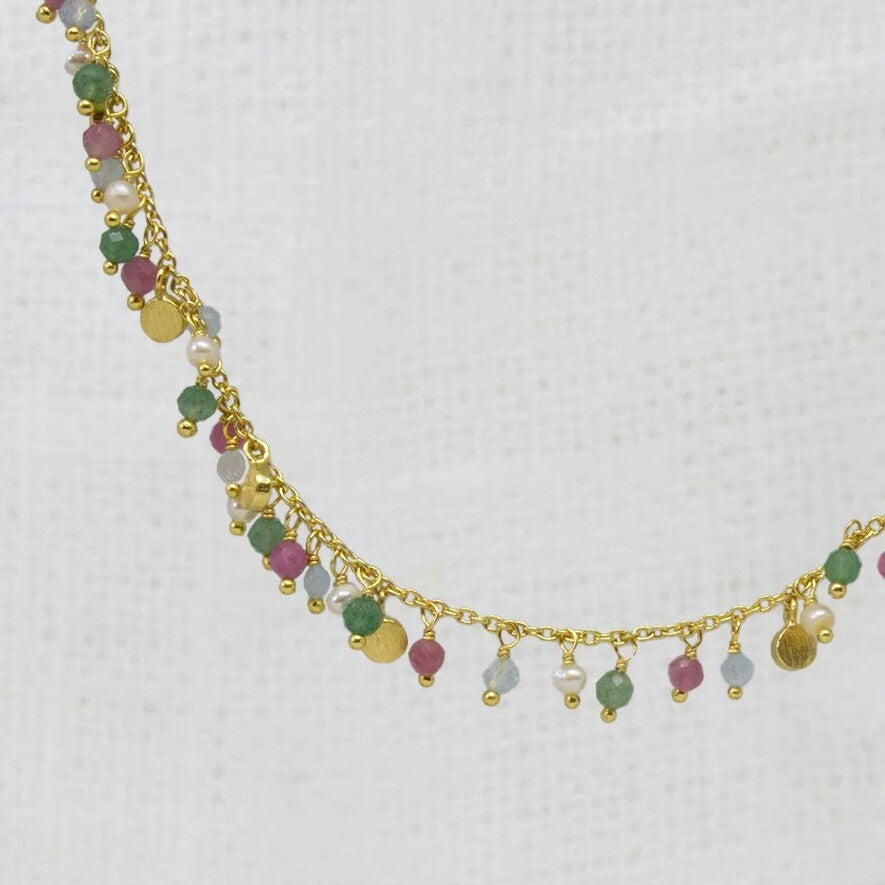 Aventurine, Tourmaline, Aqua and Pearl Gemstone Necklace