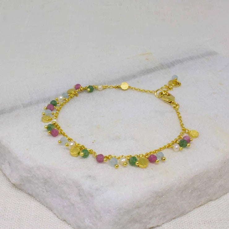 Aventurine, Tourmaline, Aqua and Pearl Gemstone Bracelet
