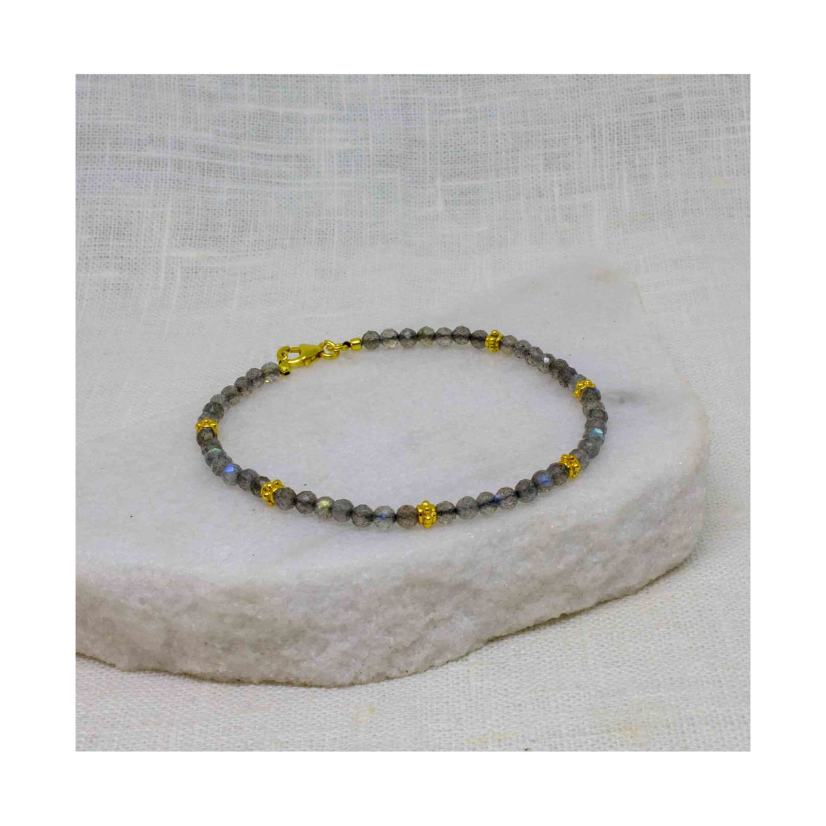 Labrodite Gemstone and Gold Beaded Bracelet
