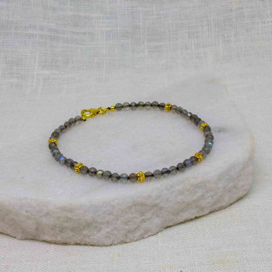 Labrodite Gemstone and Gold Beaded Bracelet
