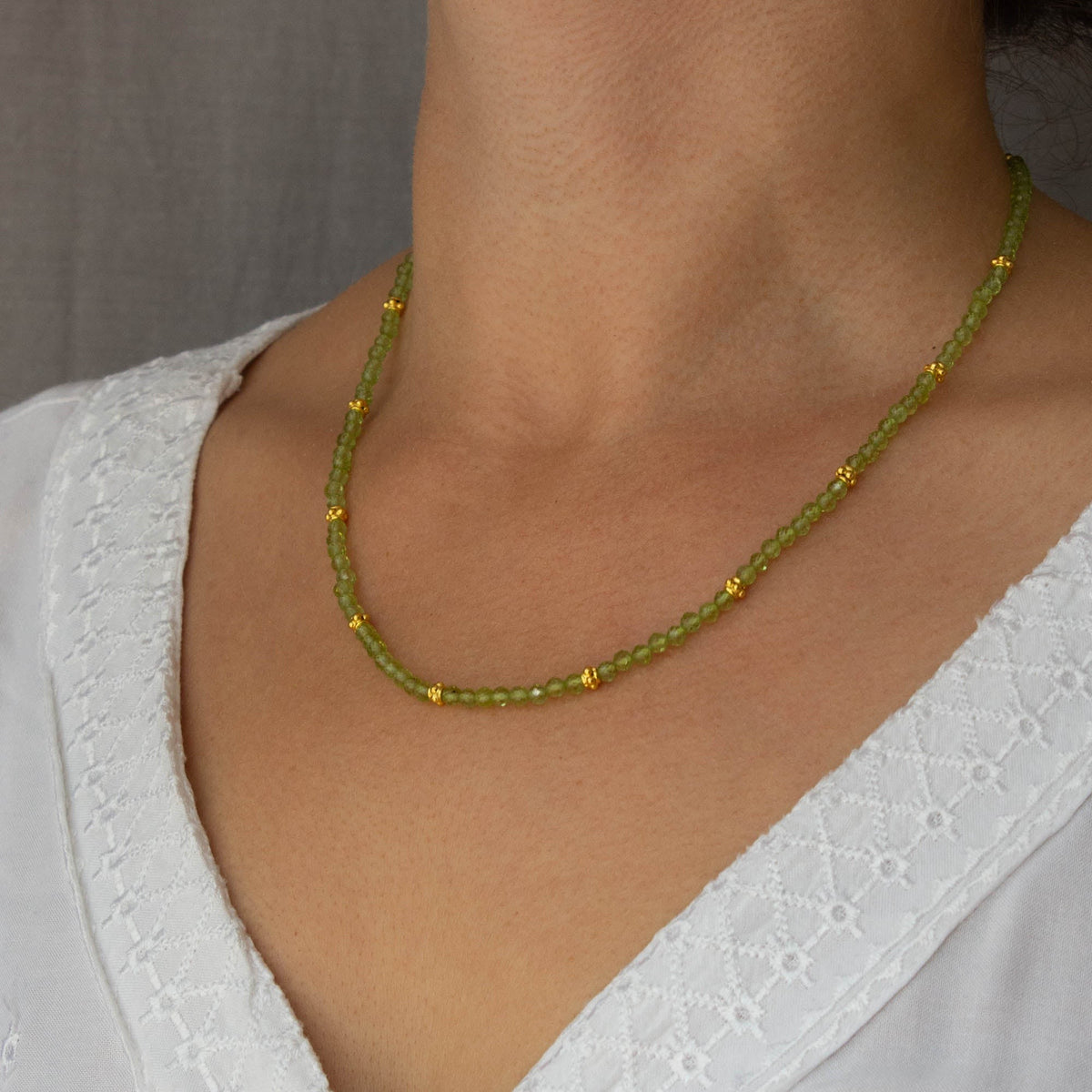 Peridot Gemstone and Gold Beaded Necklace
