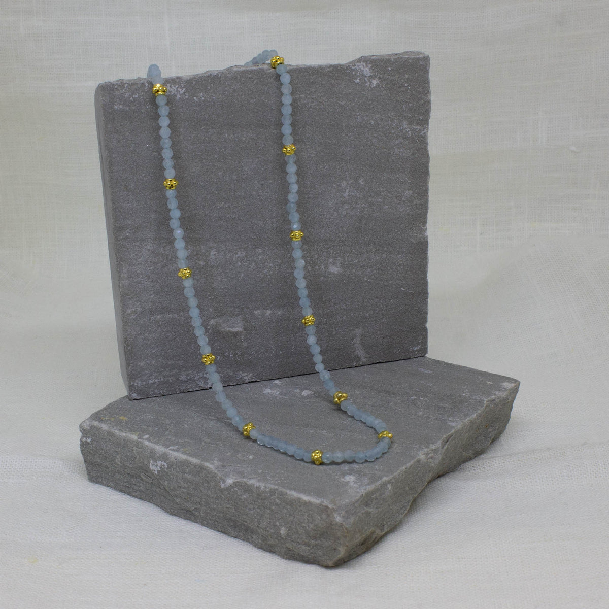 Aquamarine Gemstone and Gold Beaded Necklace