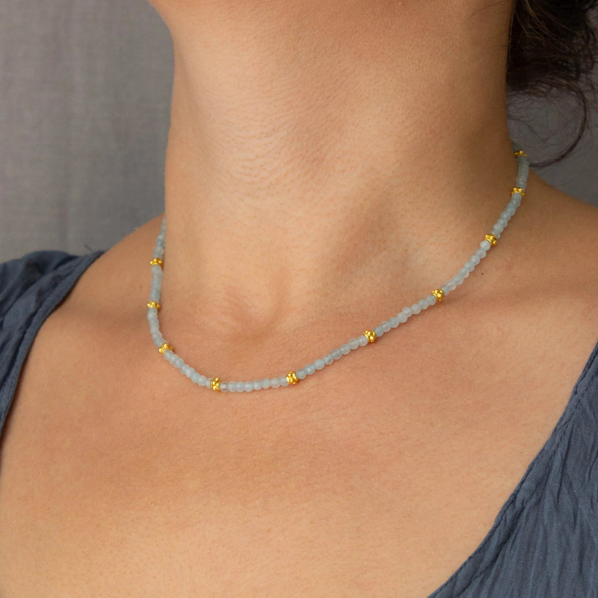 Aquamarine Gemstone and Gold Beaded Necklace