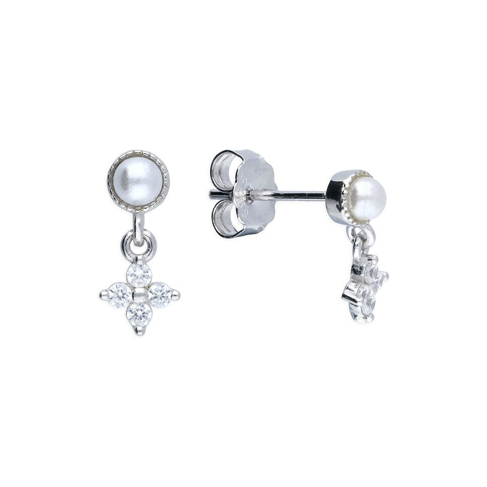 Sterling Silver Rhodium Flower Drop Stud Earrings