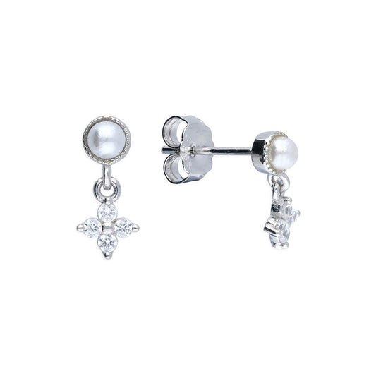 Sterling Silver Rhodium Flower Drop Stud Earrings