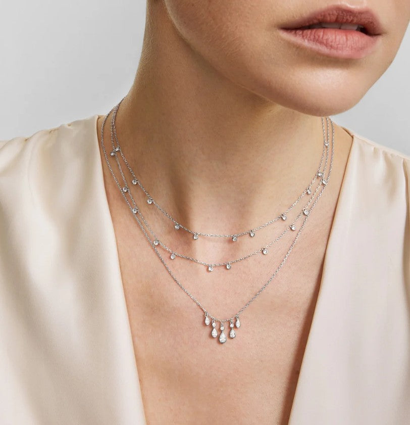 Silver Bezel-Set Teardrop Cascade Necklace