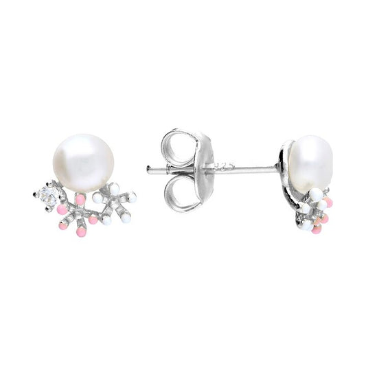 Sterling Silver Flower Pearl And Enamel Stud Earrings