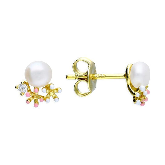 Sterling Silver Gold Plated Pearl Flower Stud Earring
